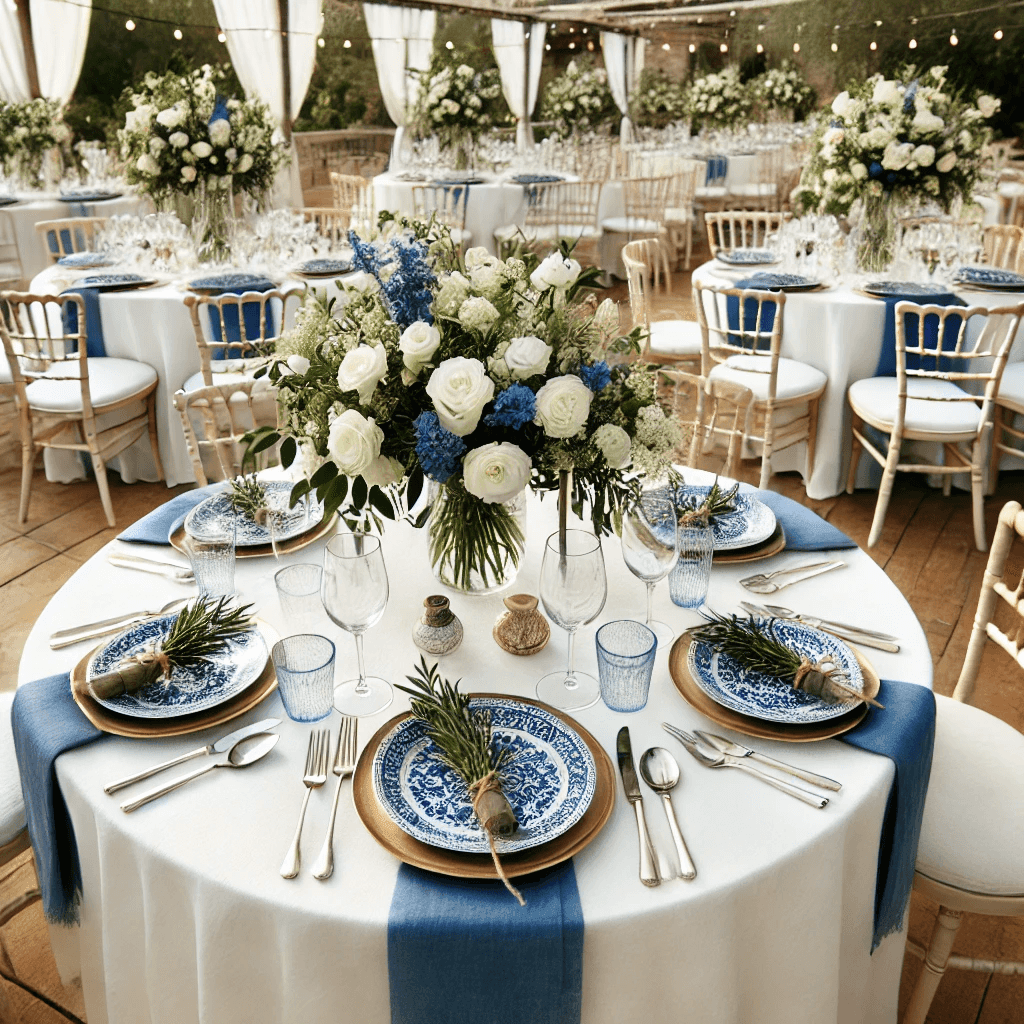 Elegant outdoor wedding table setting with floral centerpiece and blue accents.