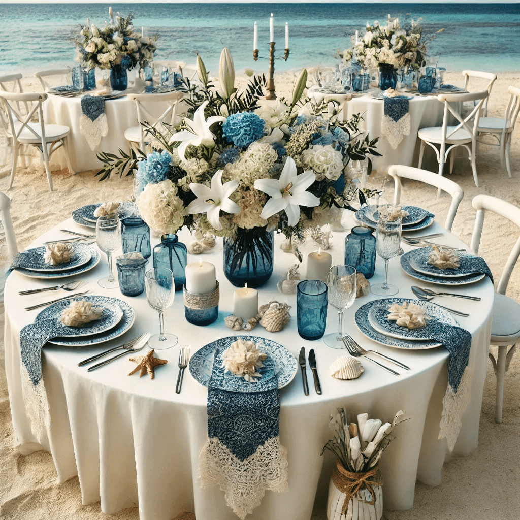 Elegant beach table setting with blue and white floral centerpiece and sea-themed decorations.