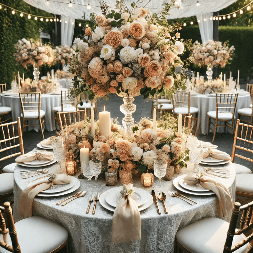 Elegant outdoor wedding table setting with floral centerpiece, candles, and gold chairs under string lights.