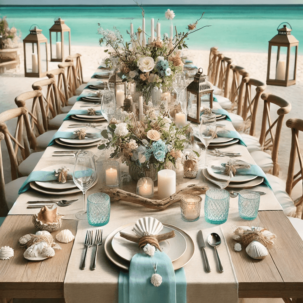 Elegant beachfront table setting with floral centerpieces, candles, seashells, and turquoise accents.