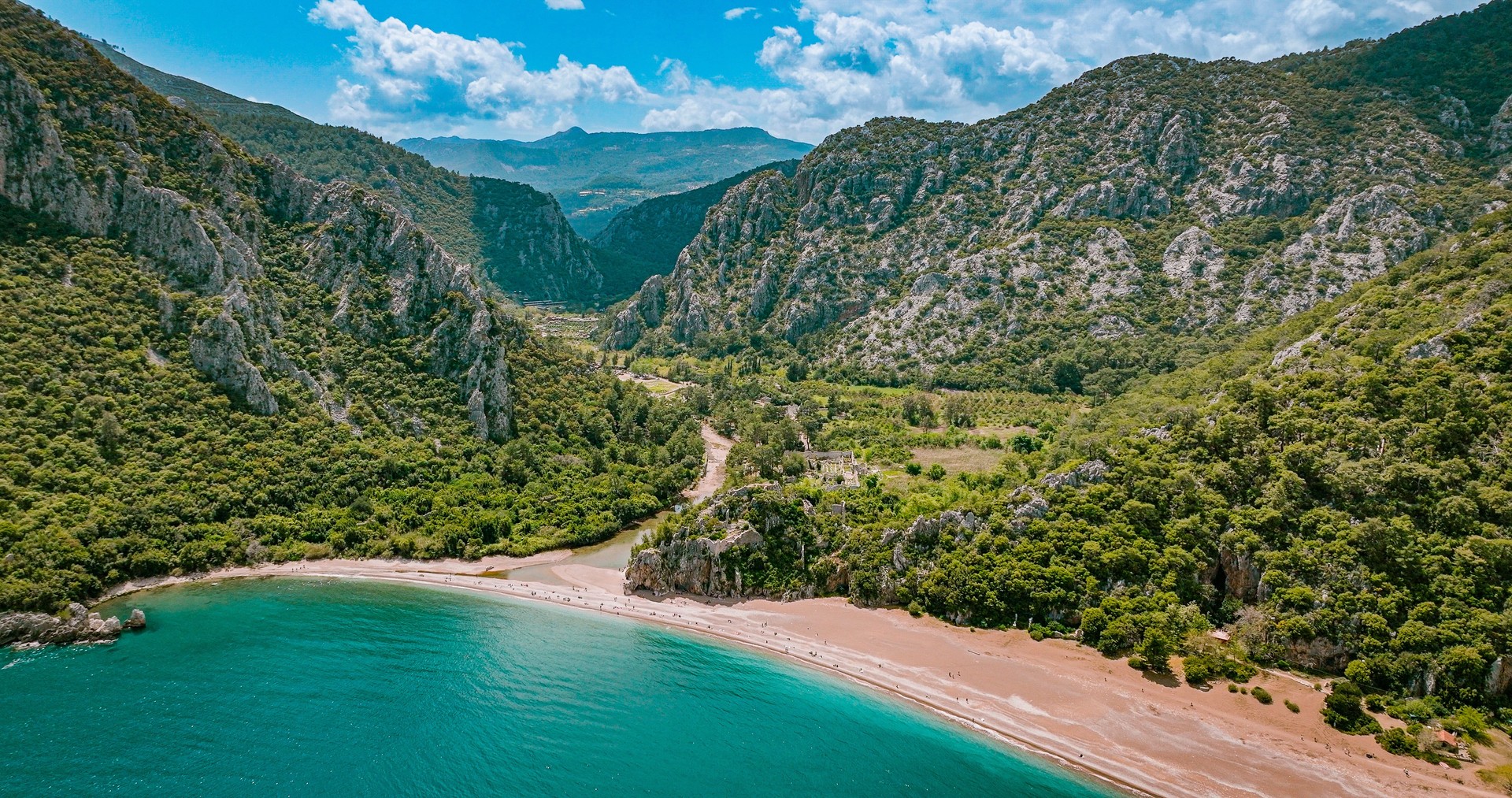 Aerial view of the Olympos Beach in Antalya, Aerial view of the Cirali beach at Mediterranean sea in Antalya Province, Nature and sea relaxation scene, background colorful summer scene, popular holiday destination of Turkey, ancient city of olympos