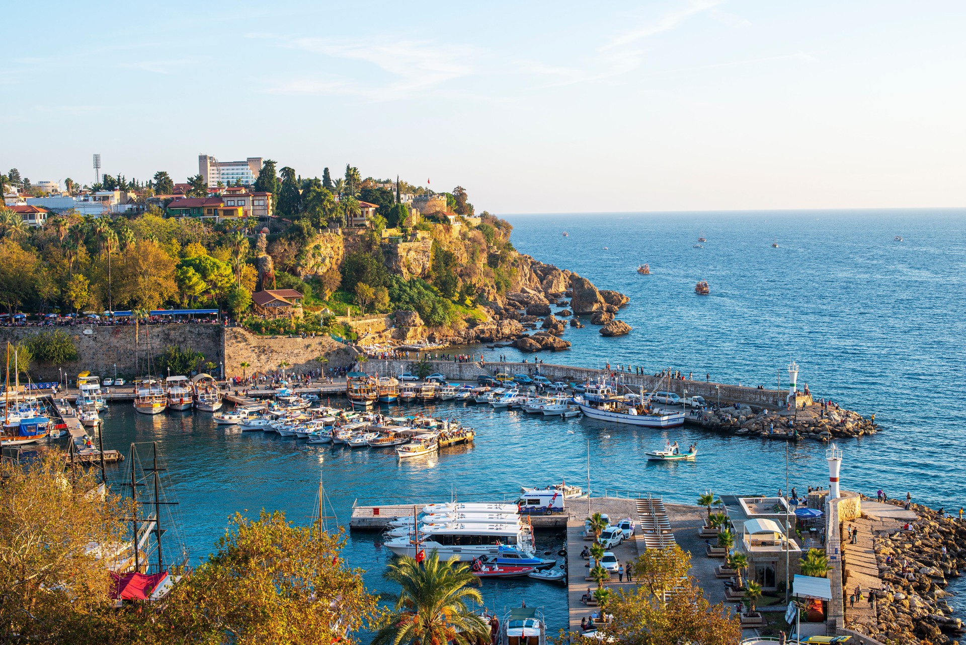 Panoramic view of Antalya Old Town and harbor at sunset, Antalya, Turkey